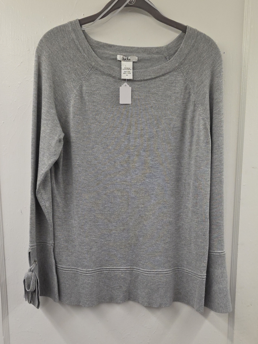 Isela Gray Knit Sweater Top Tie Cuff Bell Sleeve Size Medium